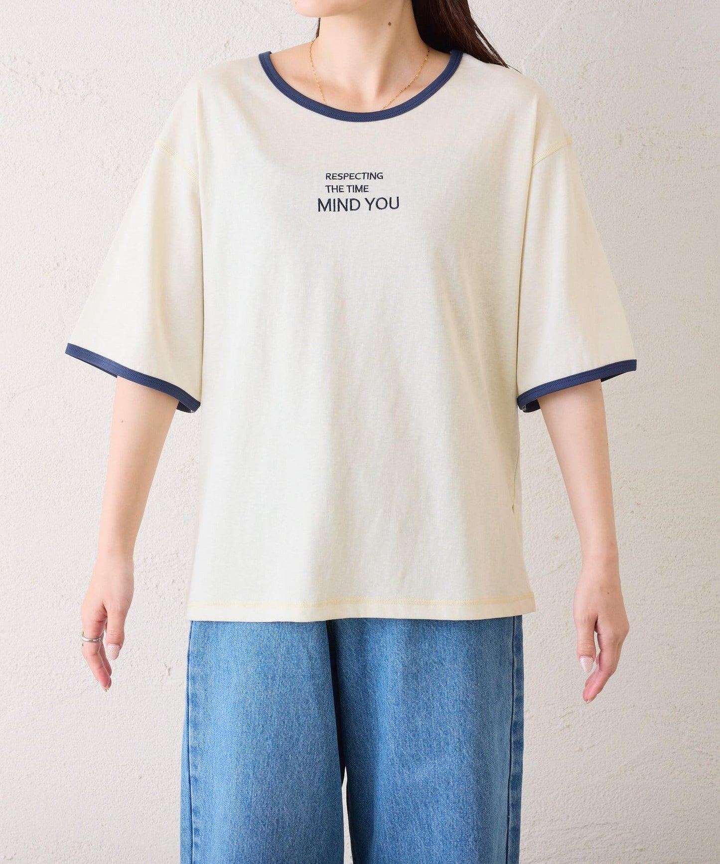 透視細條紋LOGO刺繡環領T恤