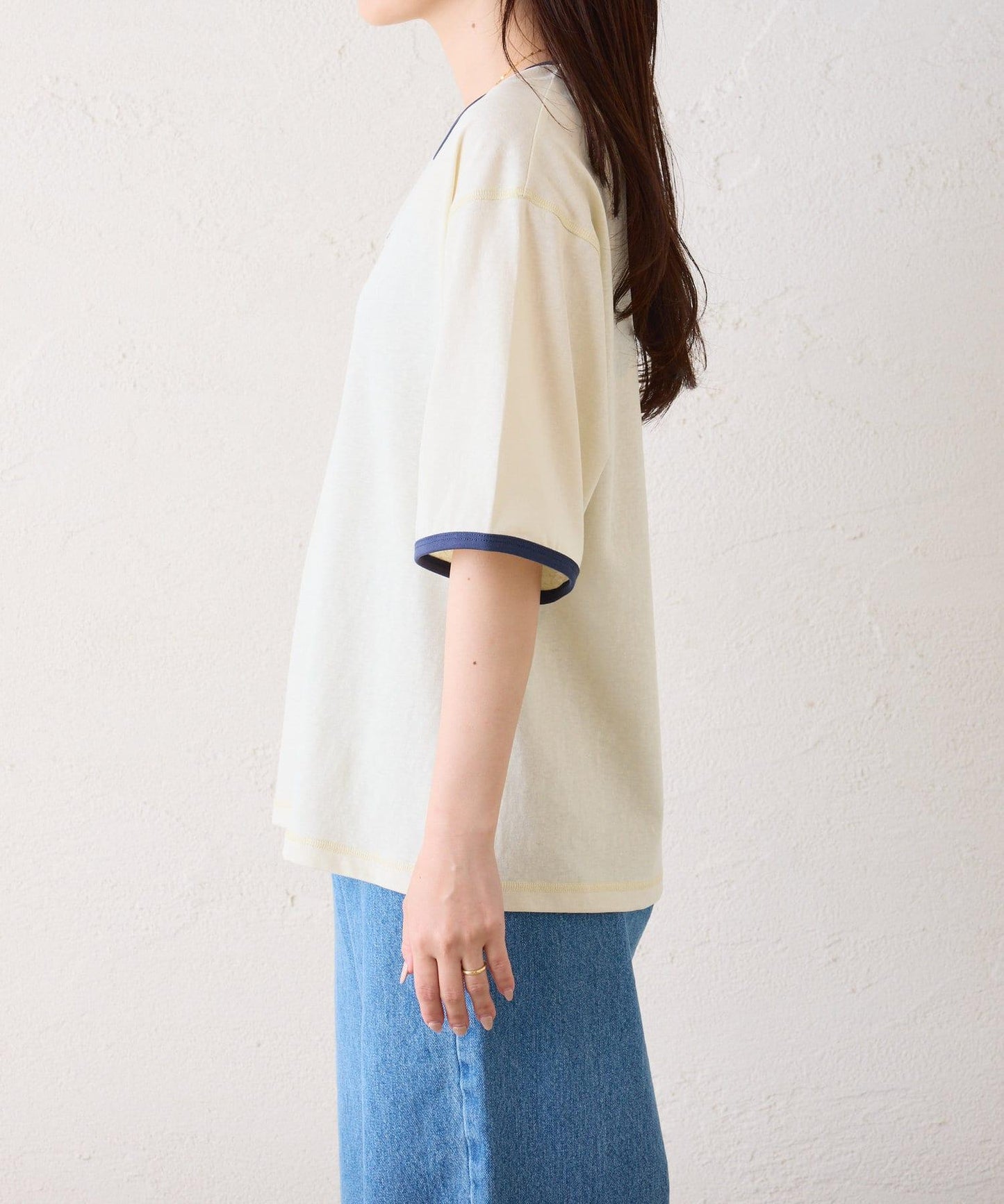 透視細條紋LOGO刺繡環領T恤