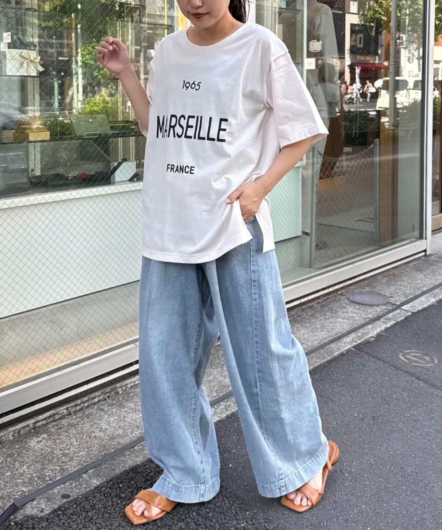 梨地花紋拼接短袖T恤