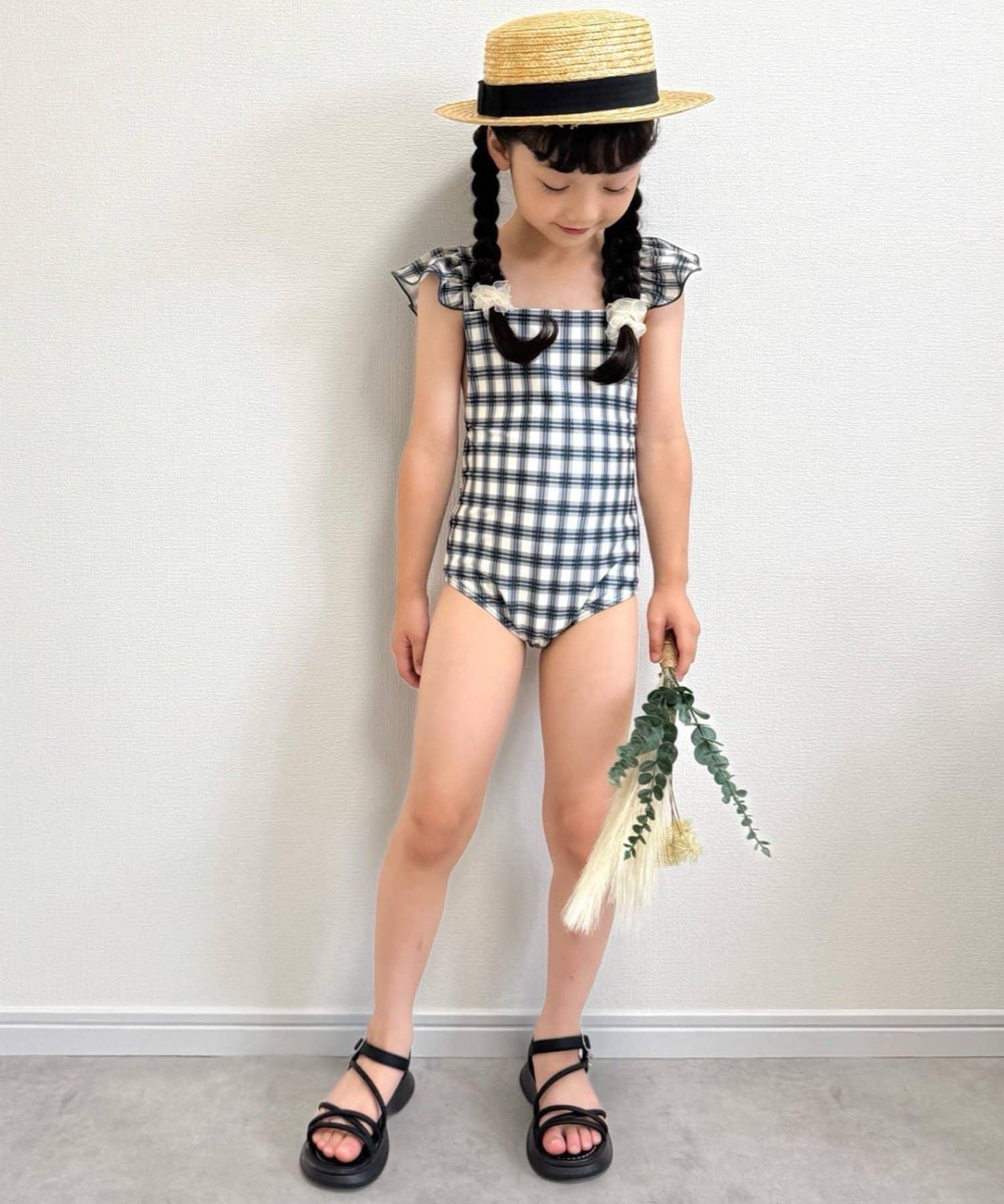 【兒童】袖子荷葉邊圖案連衣裙泳裝