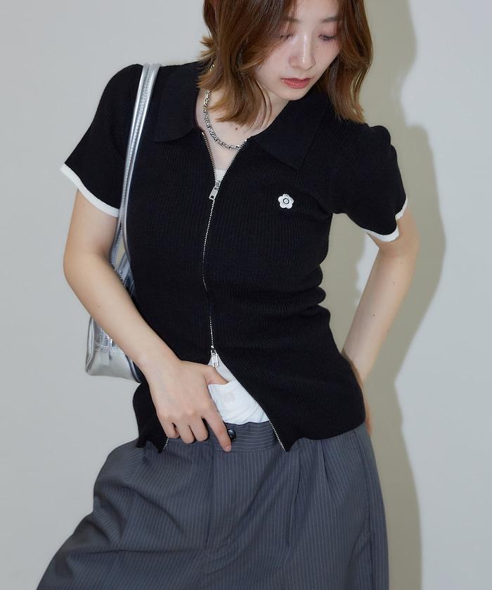 袖配色 領飾帶 拉鍊 純棉套頭衫