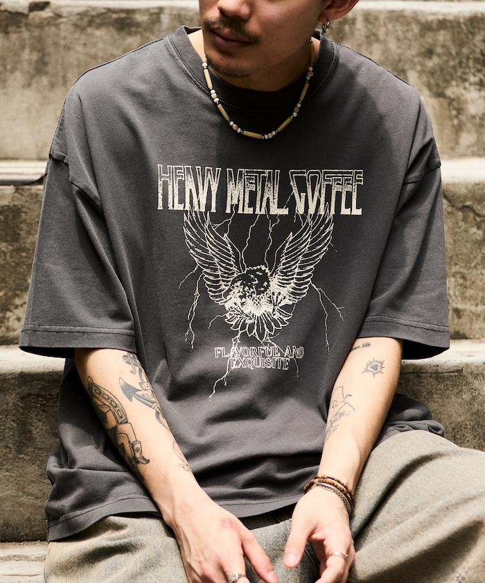 大號剪裁 皮革染色 裂紋印花 圓領T恤 / 重金屬咖啡 【限定推出】