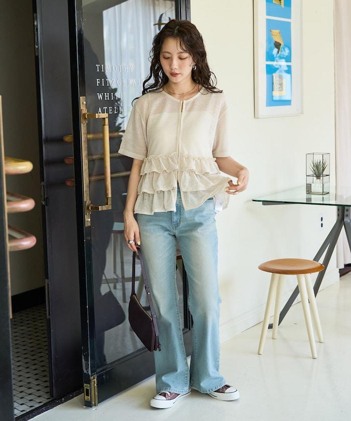 透明 閃光 蕾絲 褶邊 分層開衫