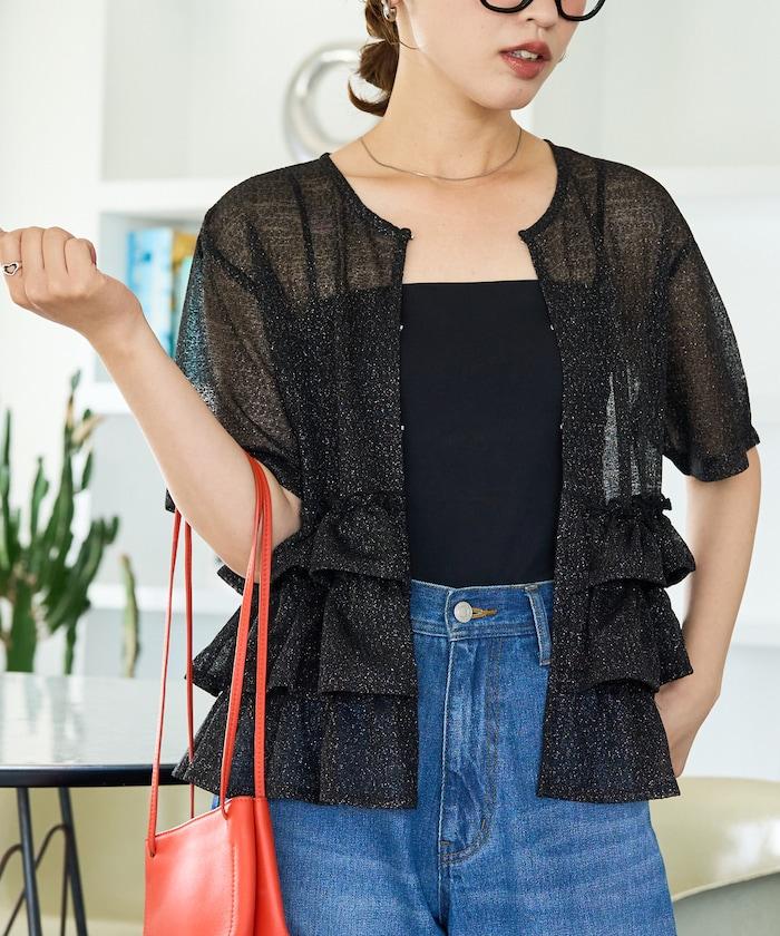 透明 閃光 蕾絲 褶邊 分層開衫