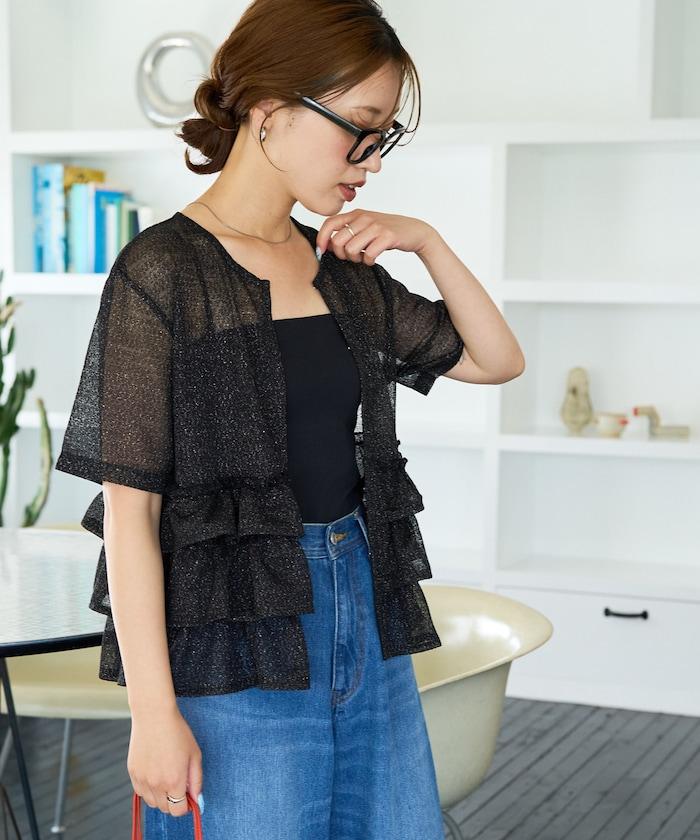 透明 閃光 蕾絲 褶邊 分層開衫