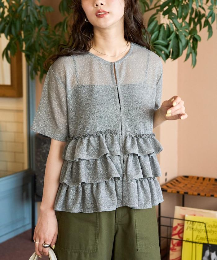 透明 閃光 蕾絲 褶邊 分層開衫