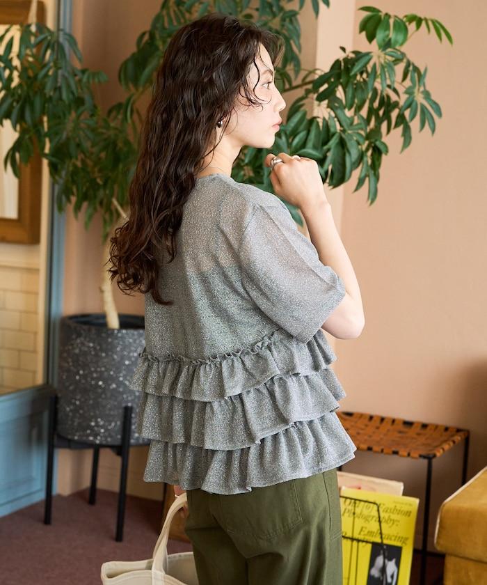 透明 閃光 蕾絲 褶邊 分層開衫