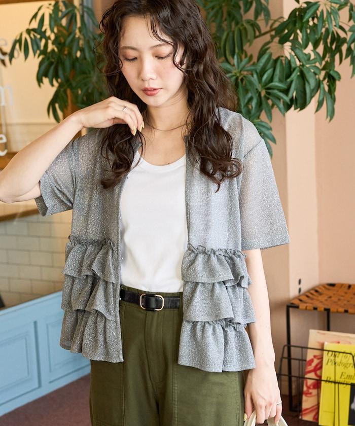 透明 閃光 蕾絲 褶邊 分層開衫