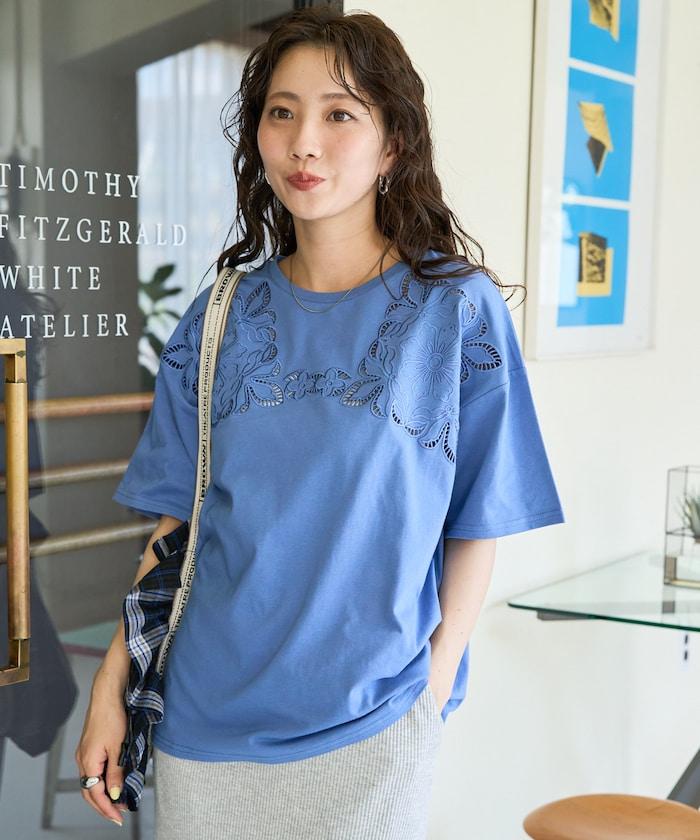 花紋 刺繡 寬鬆 半袖 T恤