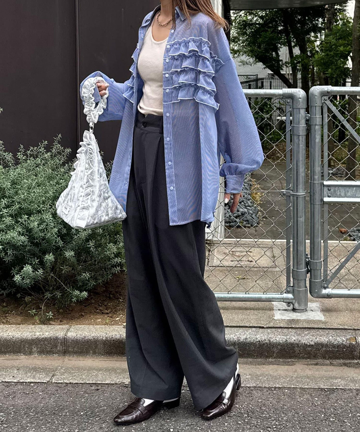 荷葉邊拼接上衣