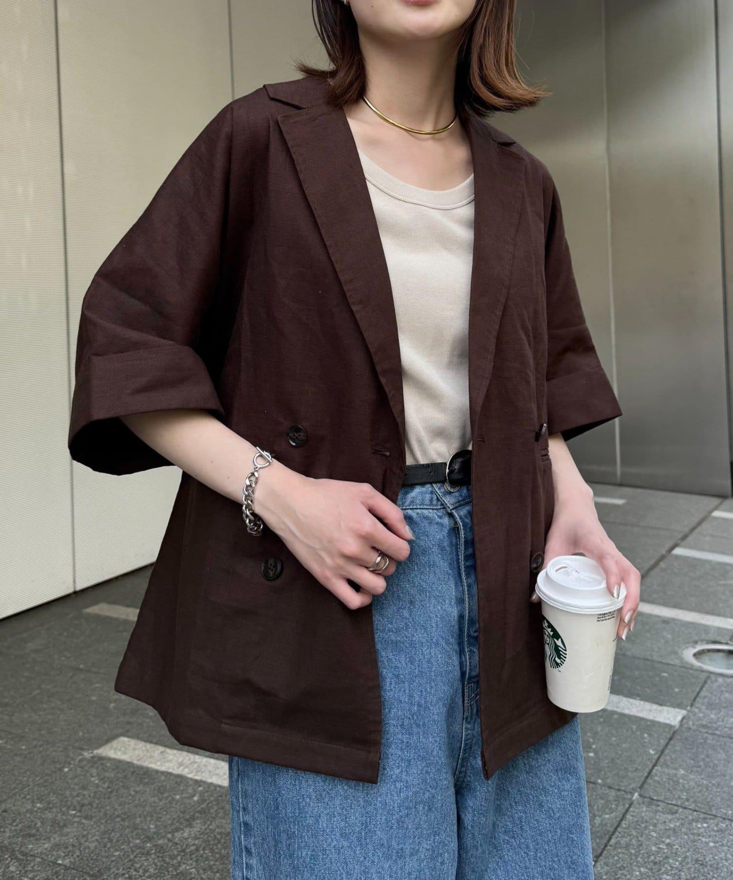 亞麻混鬆軟短袖襯衫外套