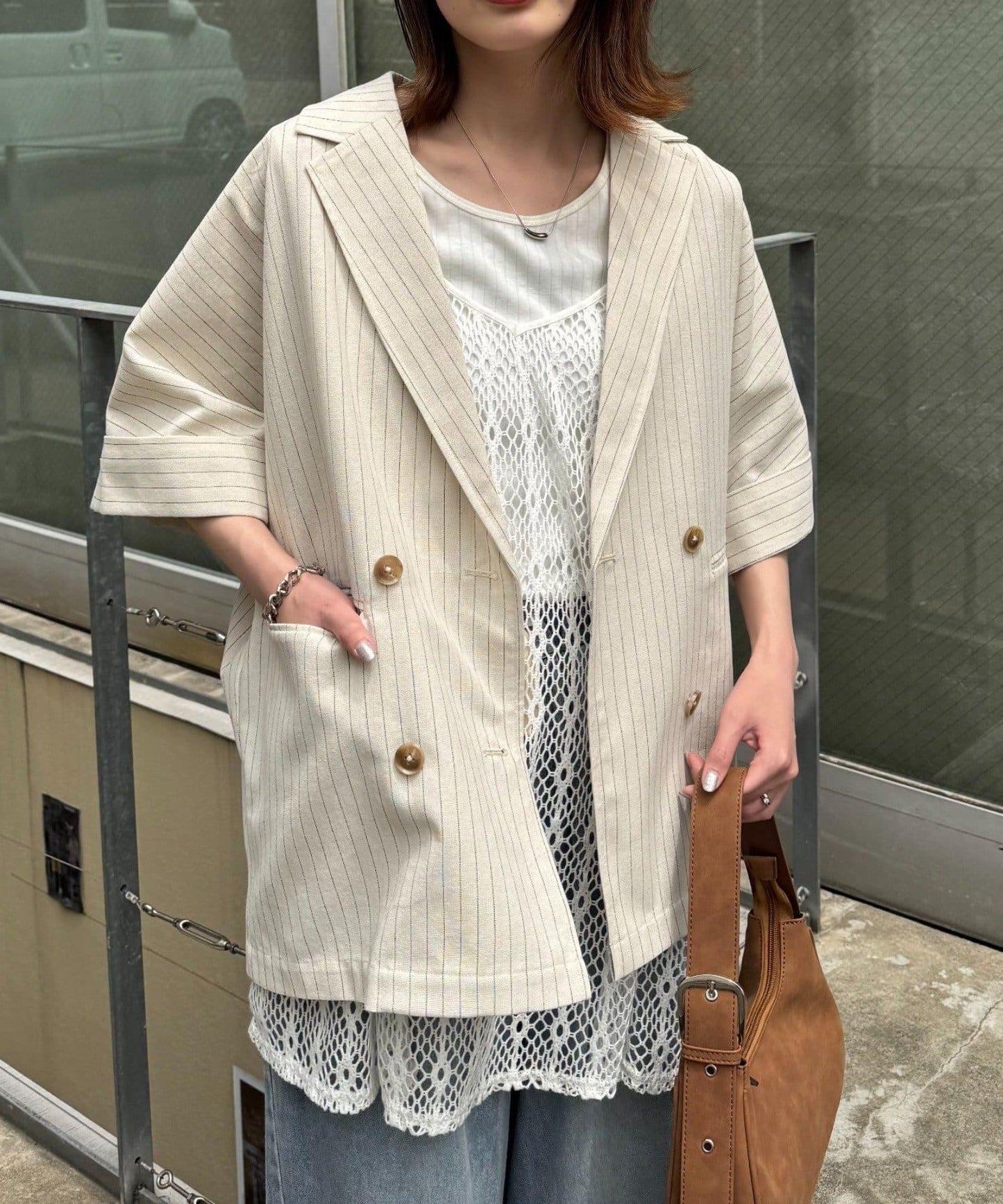 亞麻混鬆軟短袖襯衫外套