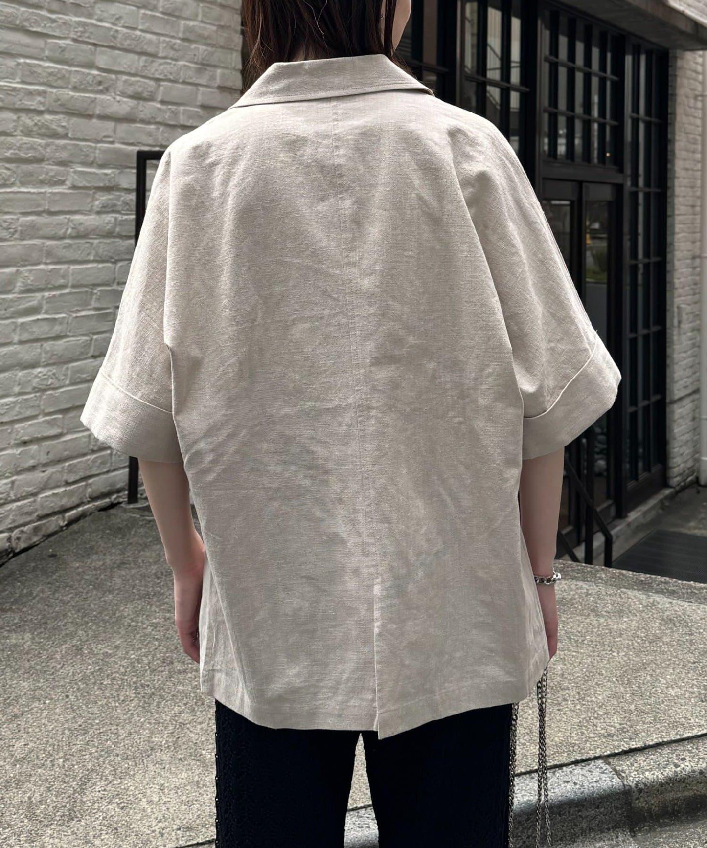 亞麻混鬆軟短袖襯衫外套