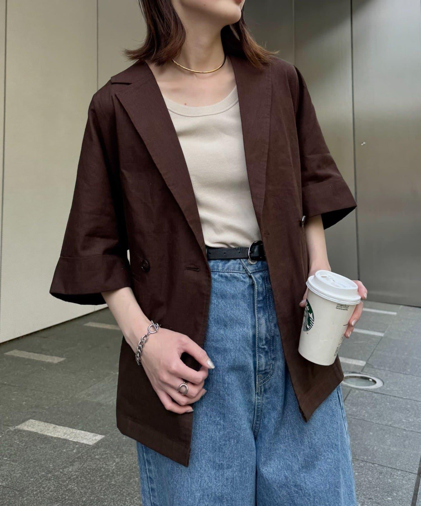 亞麻混鬆軟短袖襯衫外套