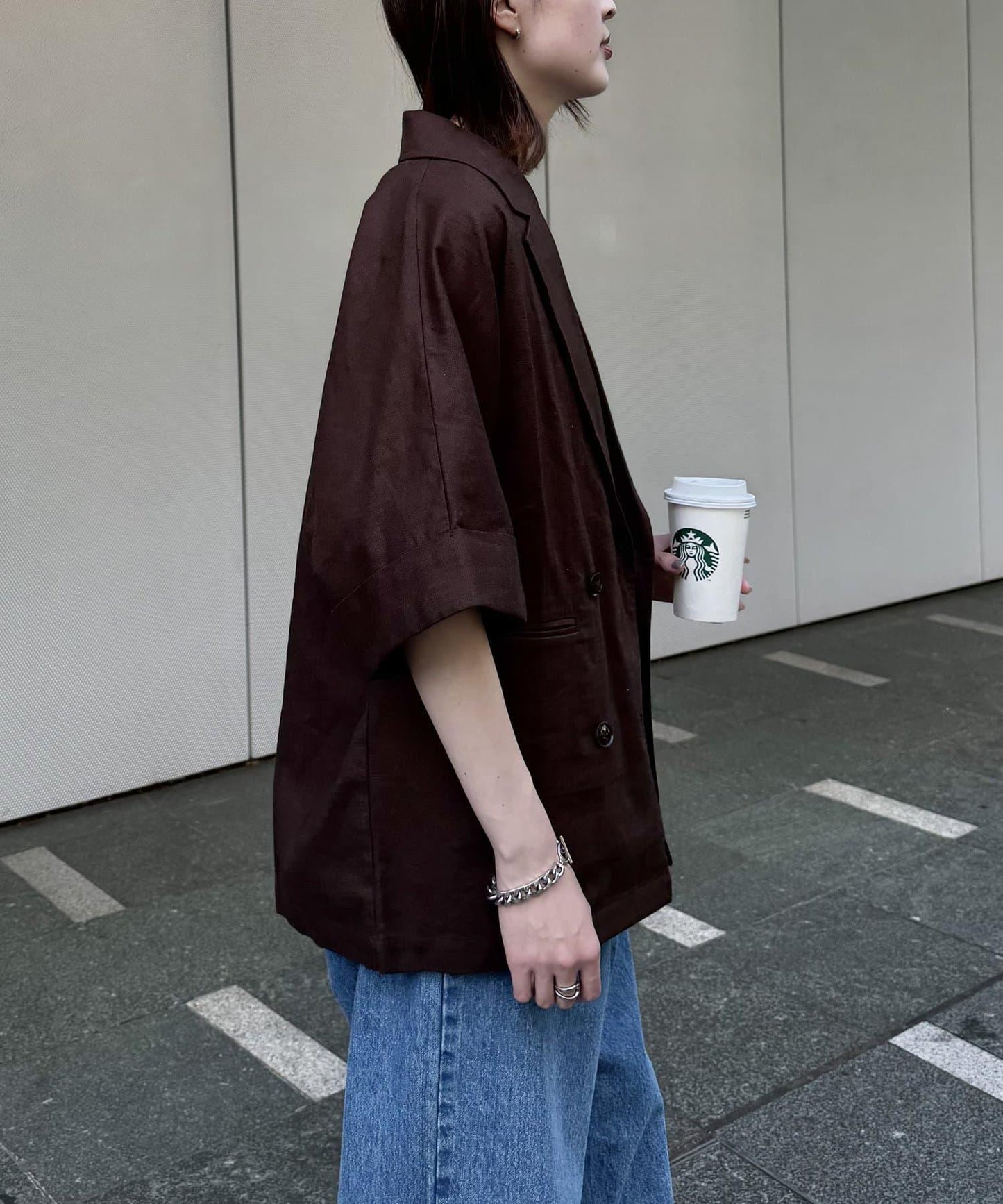 亞麻混鬆軟短袖襯衫外套