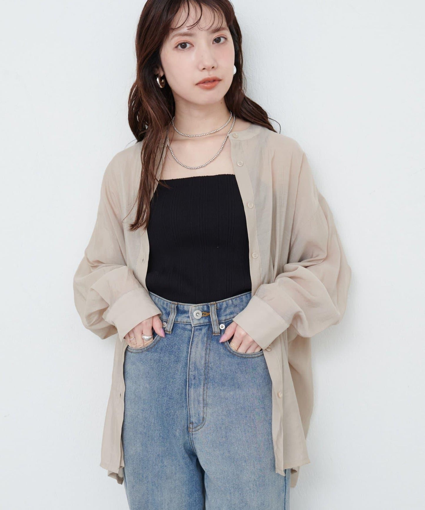 【限定】立領側開衩透視襯衫