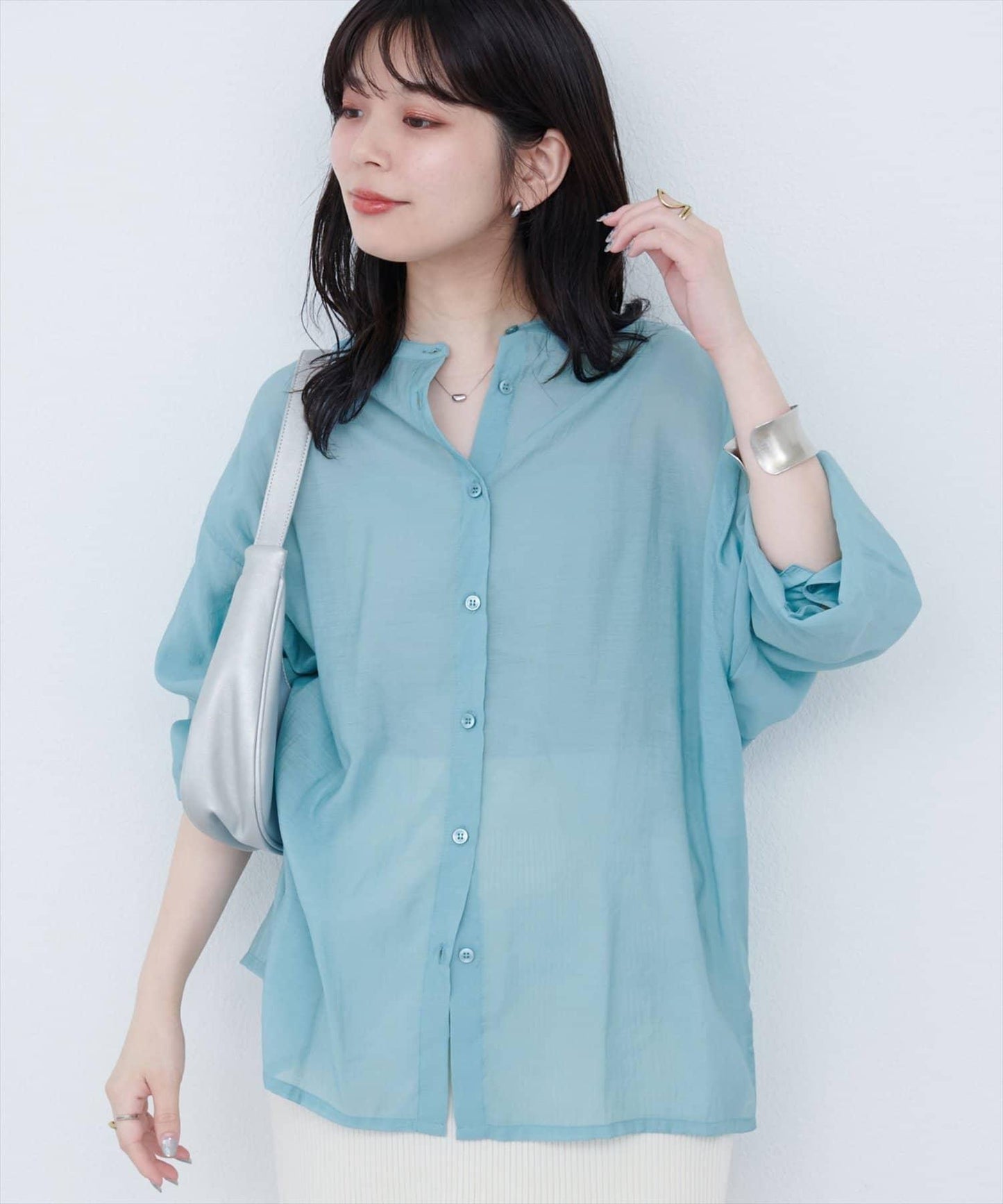 【限定】立領側開衩透視襯衫