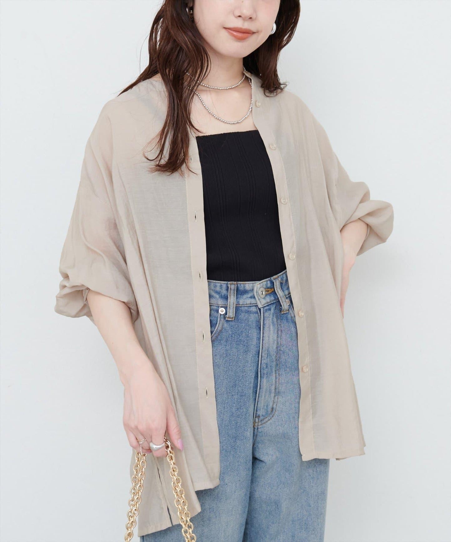 【限定】立領側開衩透視襯衫