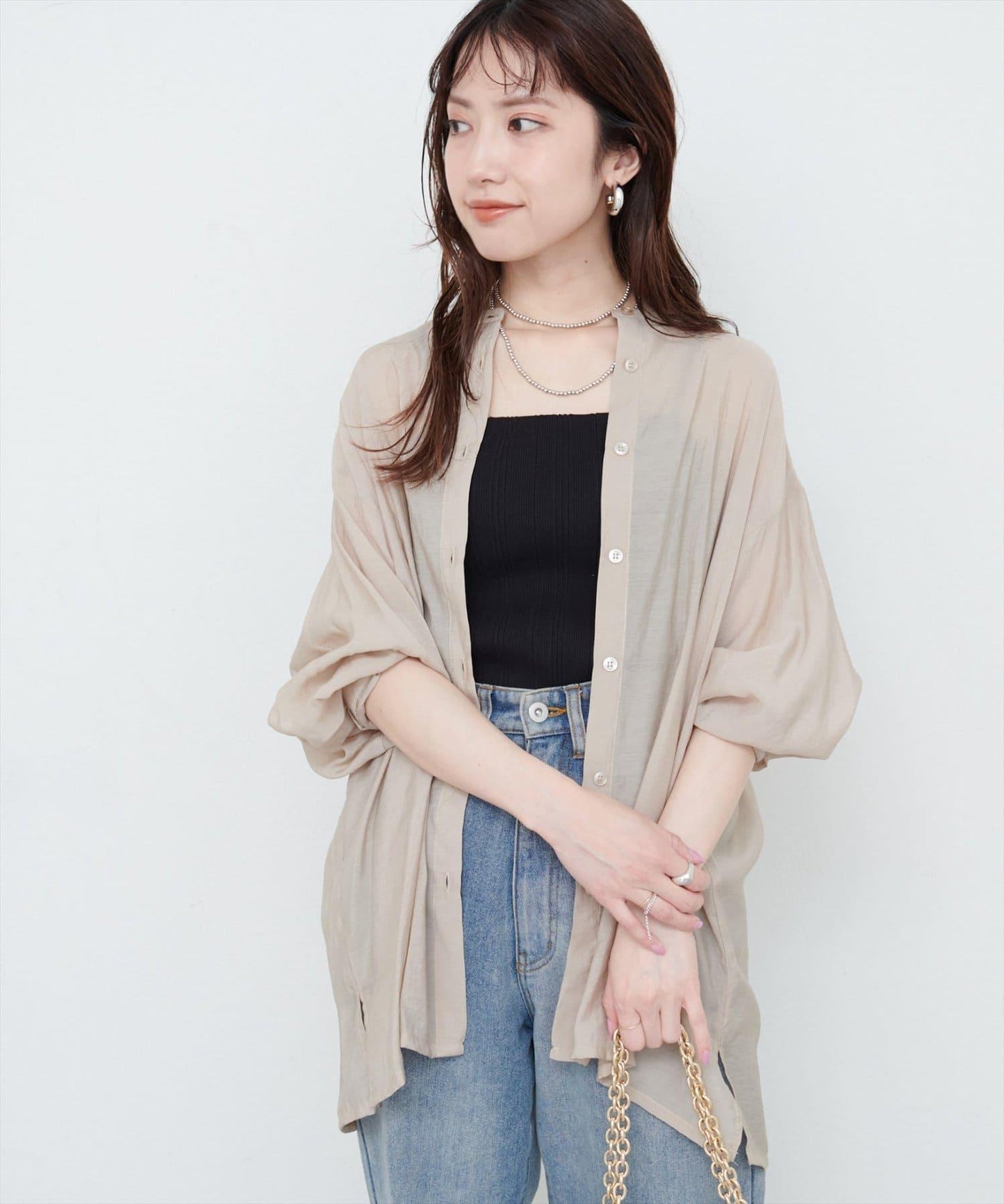 【限定】立領側開衩透視襯衫
