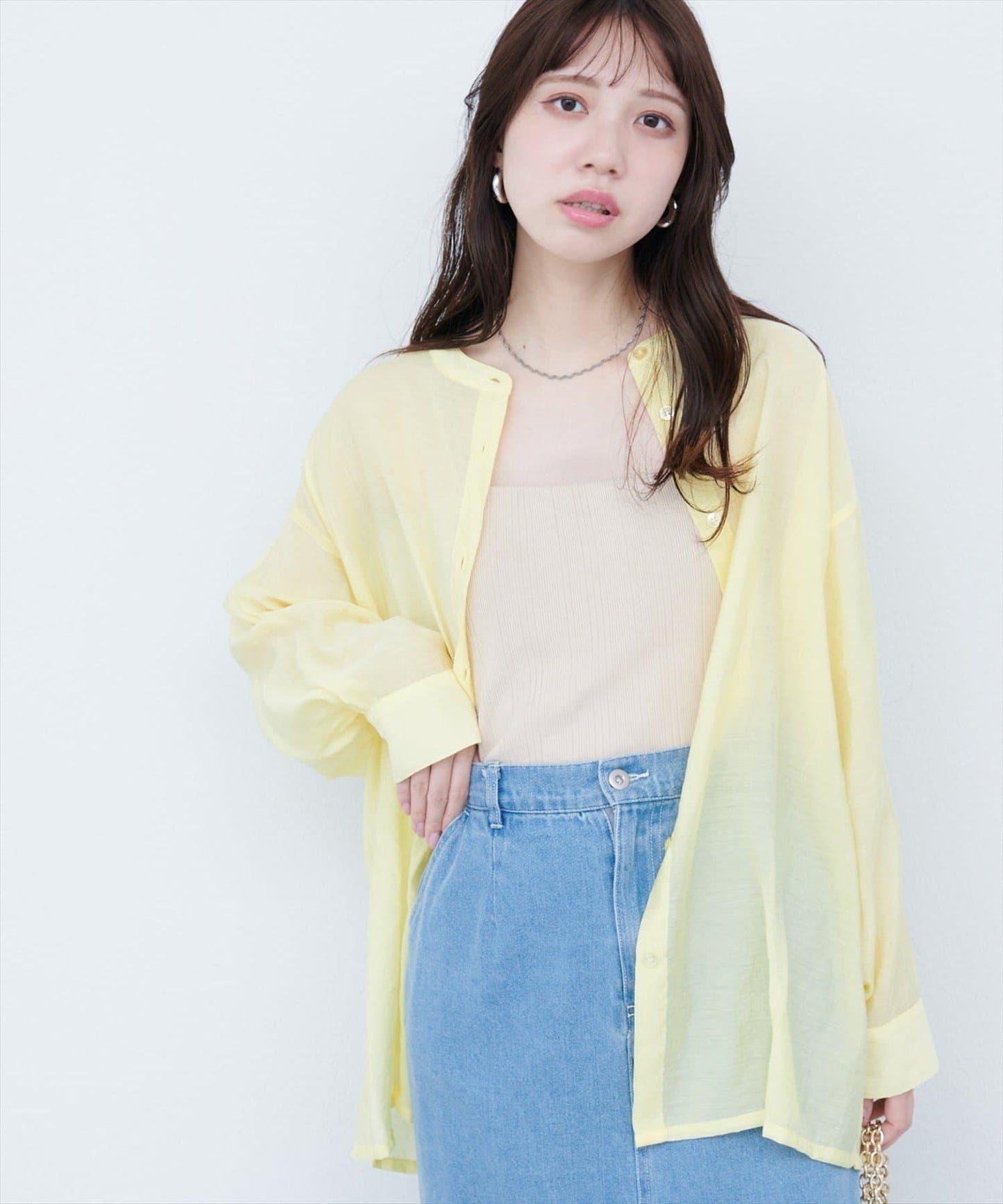 【限定】立領側開衩透視襯衫