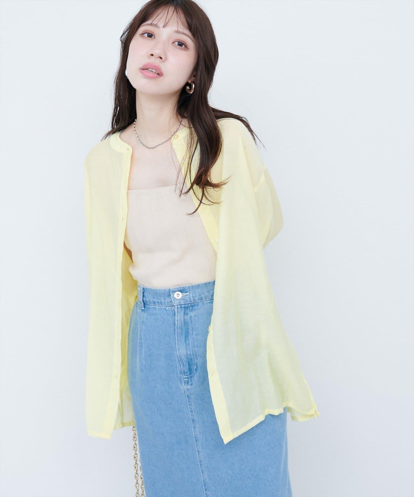 【限定】立領側開衩透視襯衫