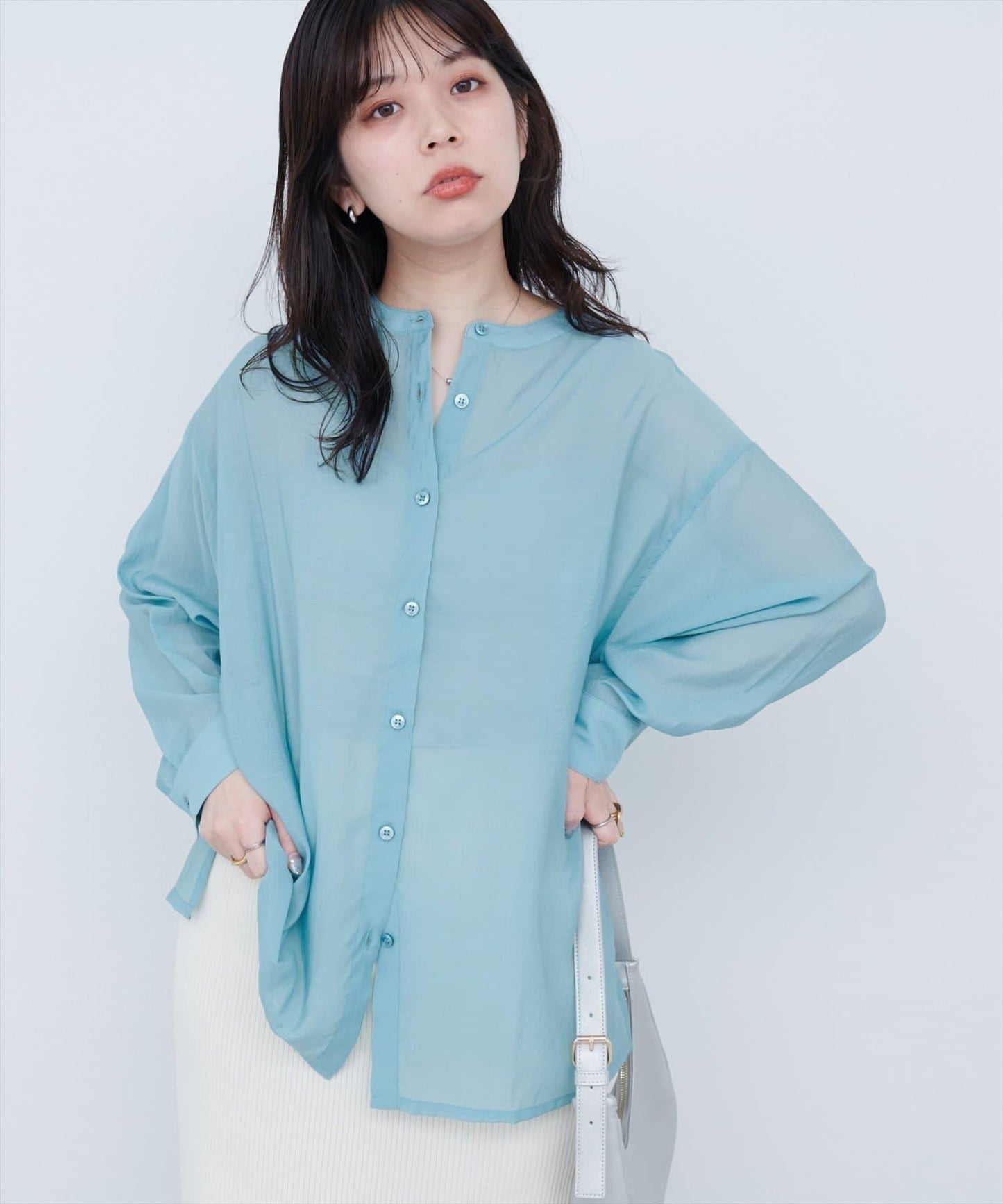 【限定】立領側開衩透視襯衫