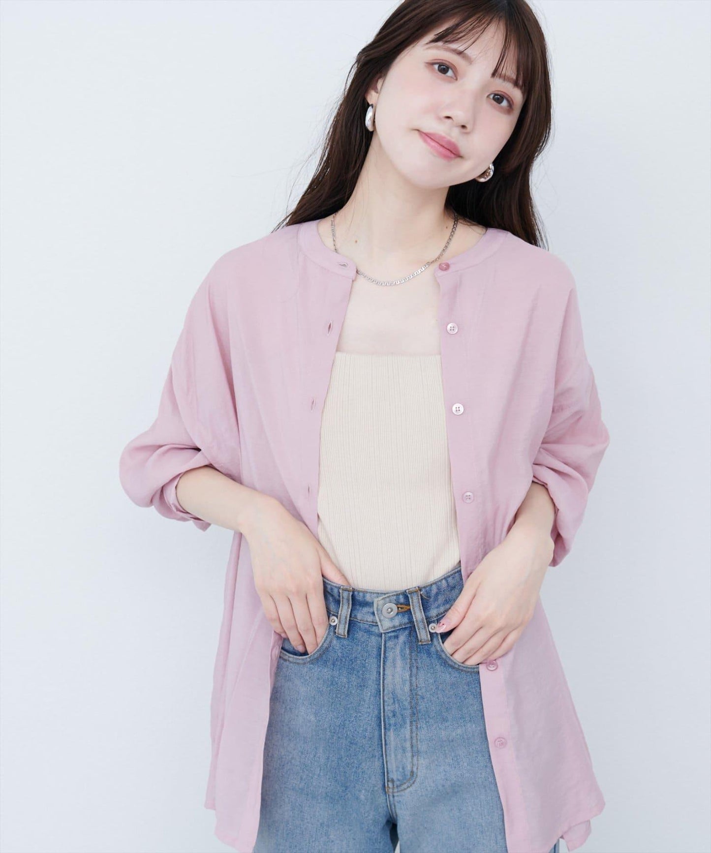 【限定】立領側開衩透視襯衫