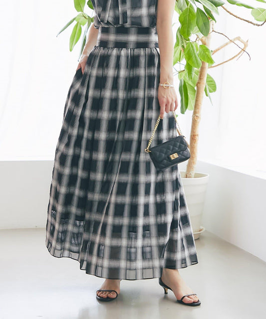 【La boutique BonBon】透視格紋褶皺長裙
