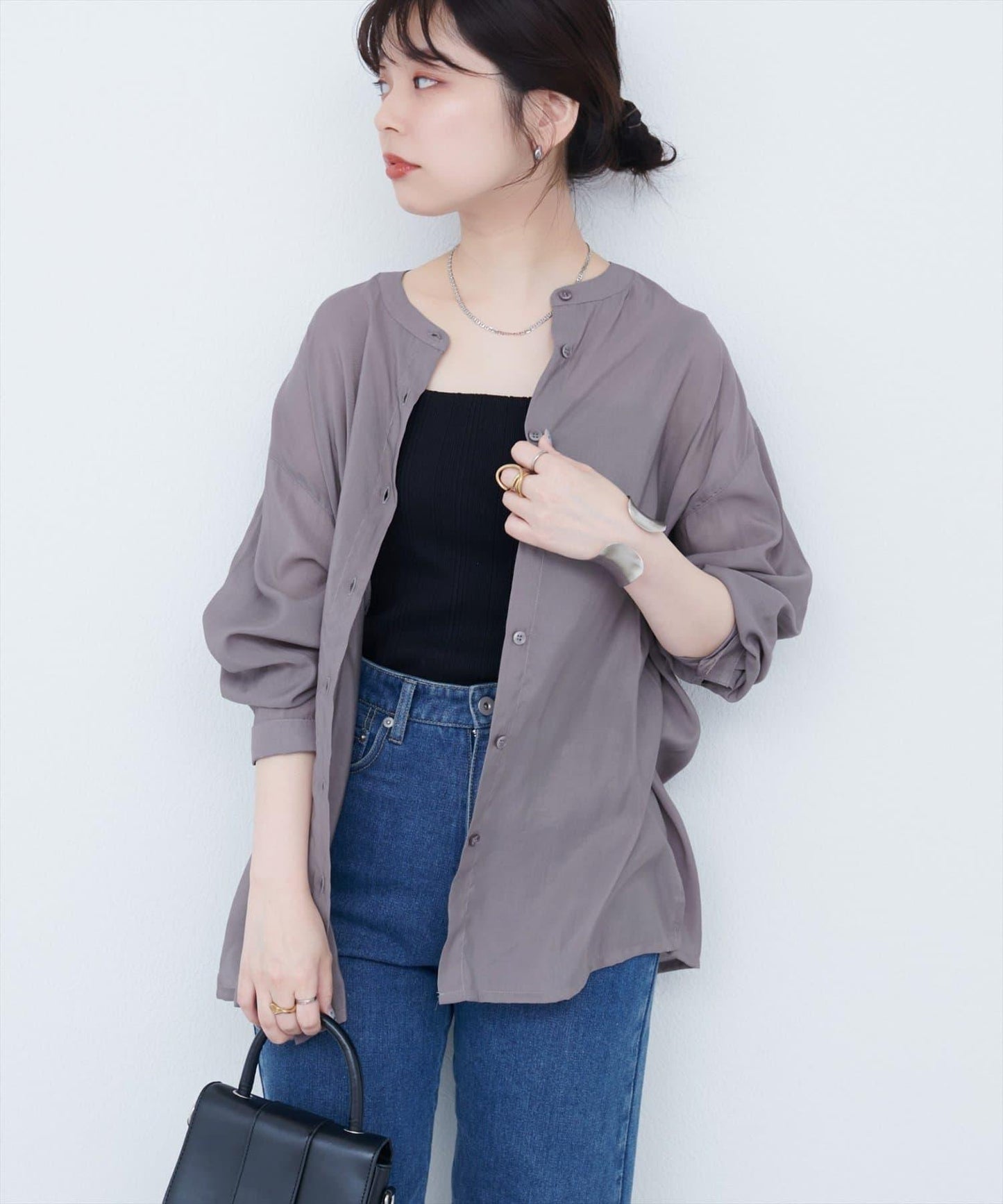 【限定】立領側開衩透視襯衫