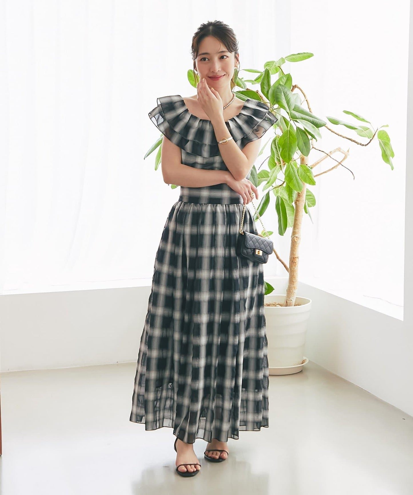 【La boutique BonBon】透視格紋褶皺長裙
