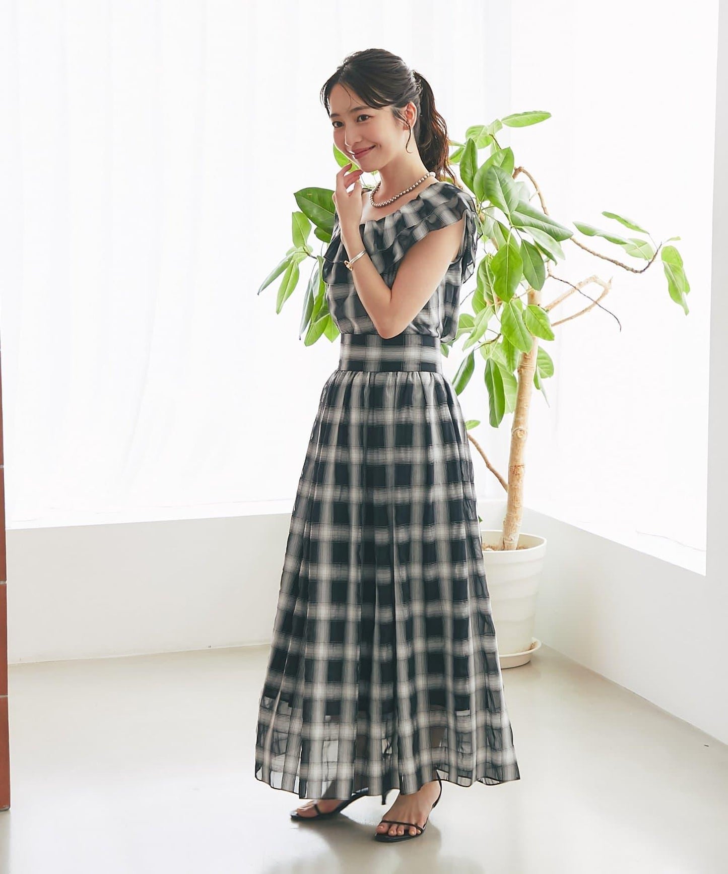 【La boutique BonBon】透視格紋褶皺長裙
