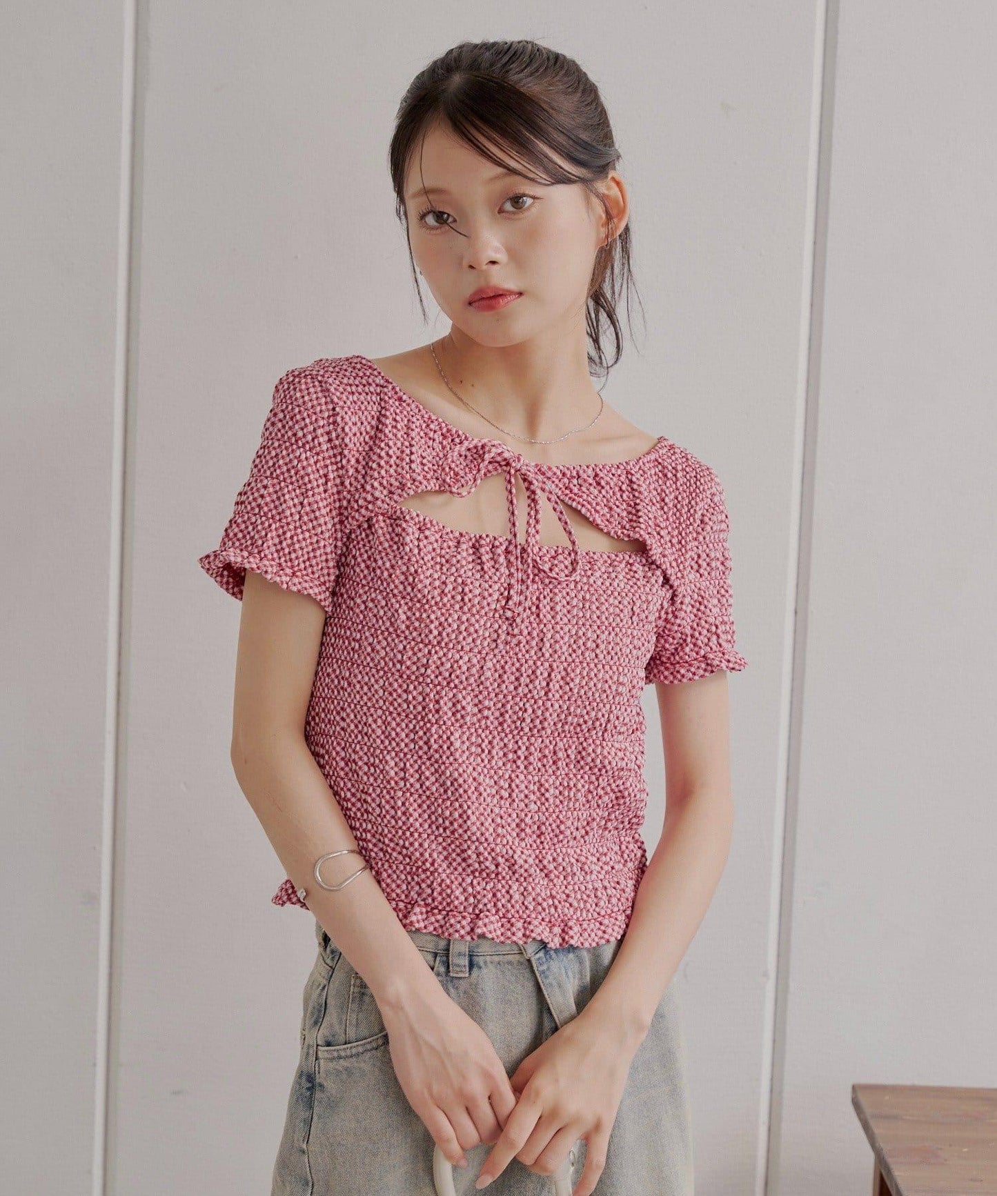 格紋前蝴蝶結短開衫設計T