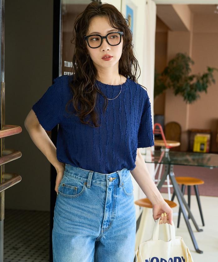 流蘇條紋提花短袖T恤