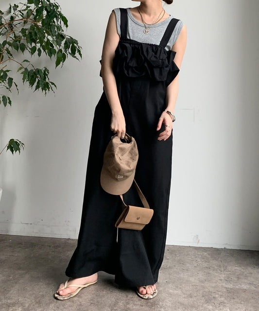 【限定】帶褶邊連體揹帶褲