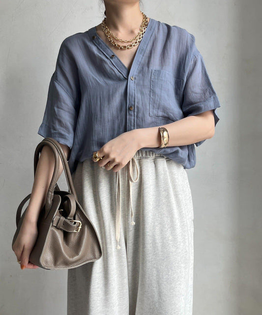 萊賽爾亞麻短袖V領襯衫