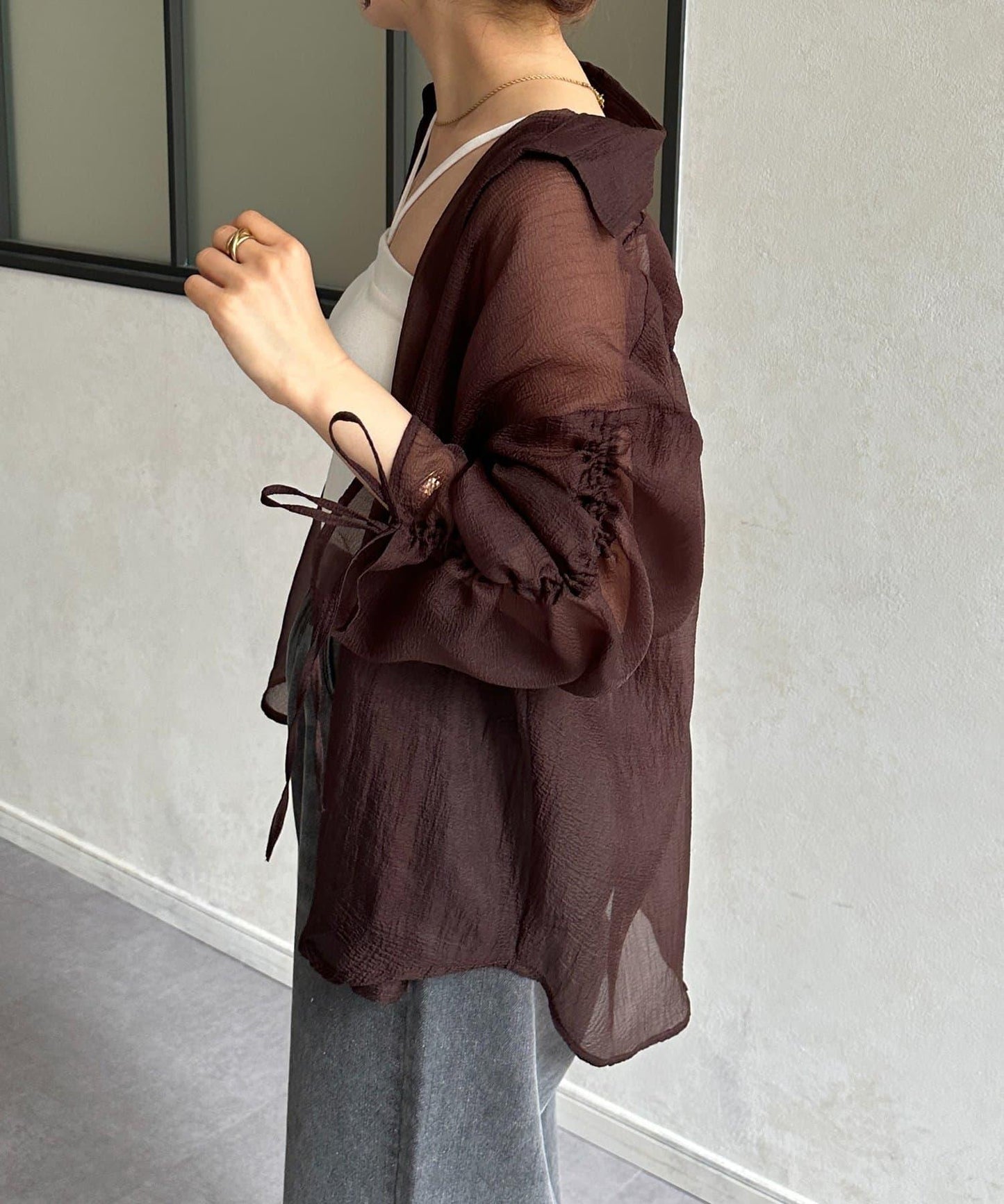 閃光洗織袖子收褶透明襯衫
