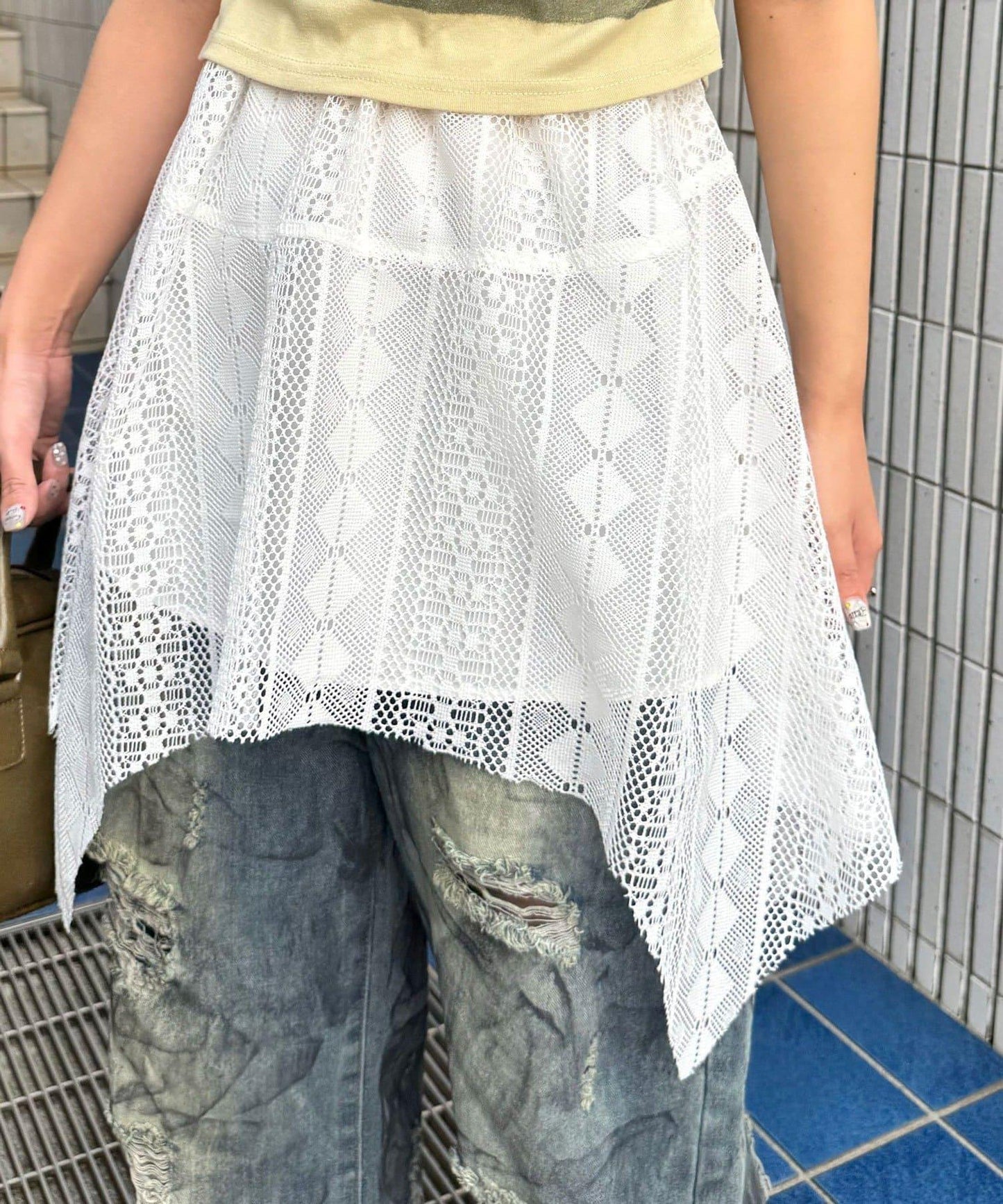 【中性款】蕾絲透視不對稱疊層裙