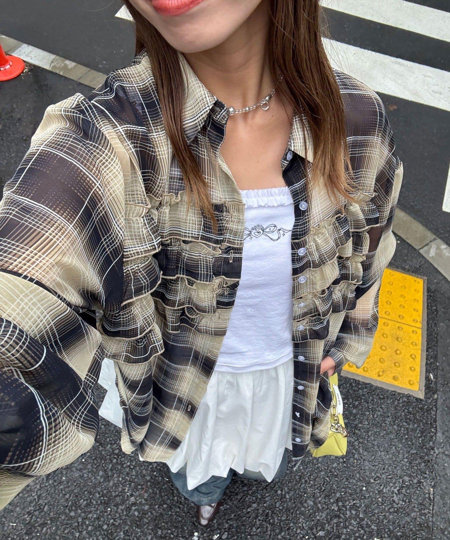 荷葉邊拼接上衣