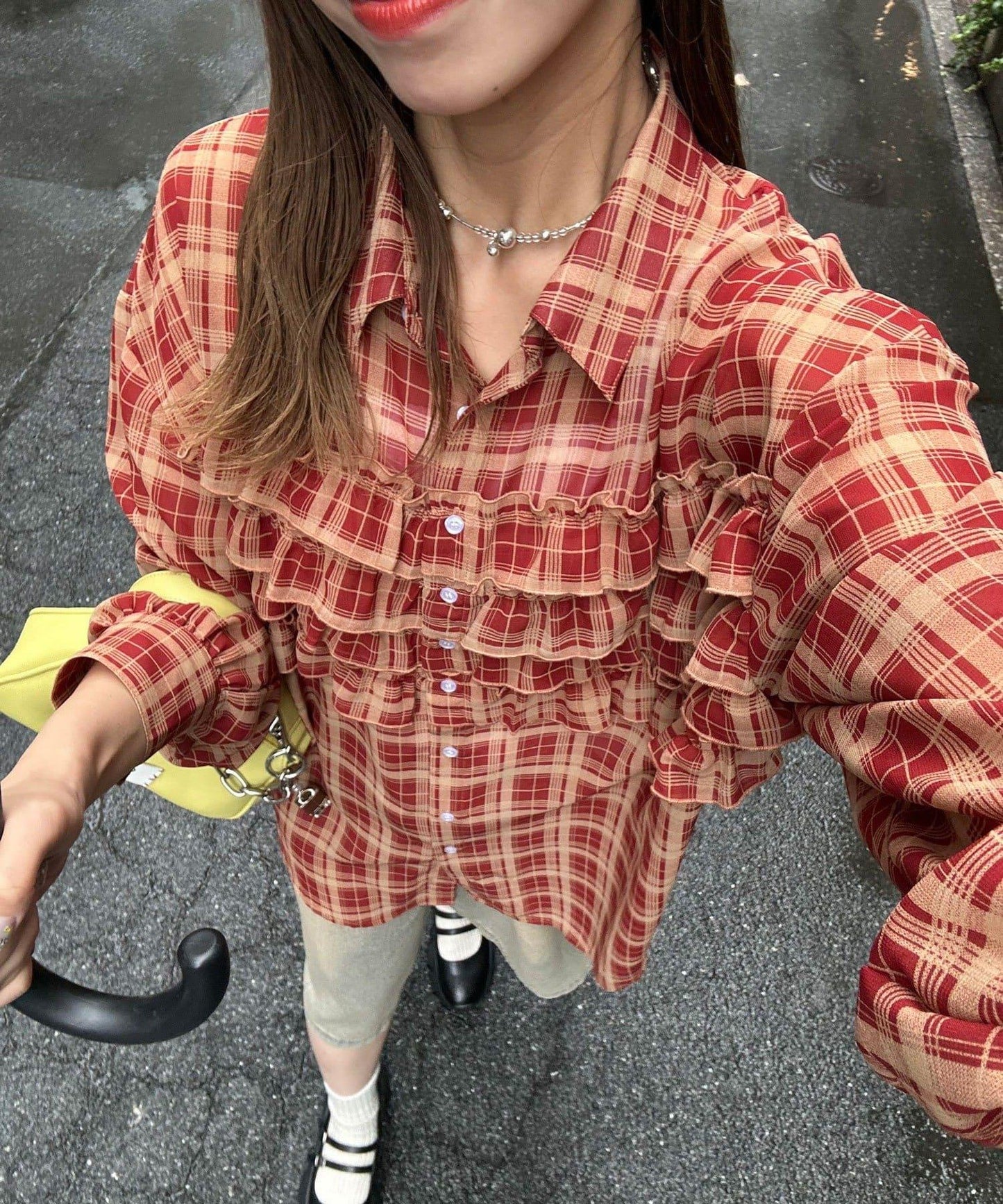 荷葉邊拼接上衣