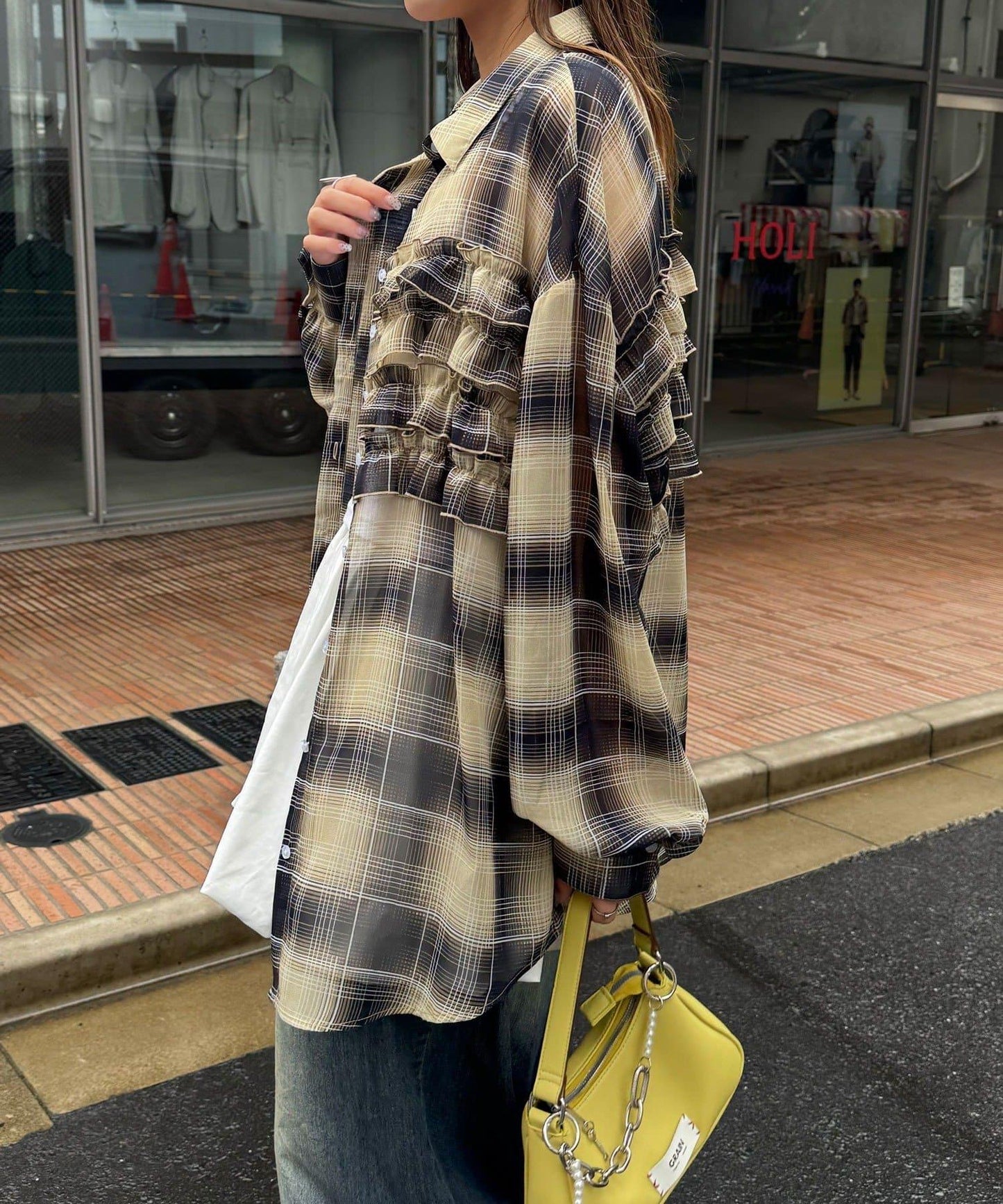 荷葉邊拼接上衣