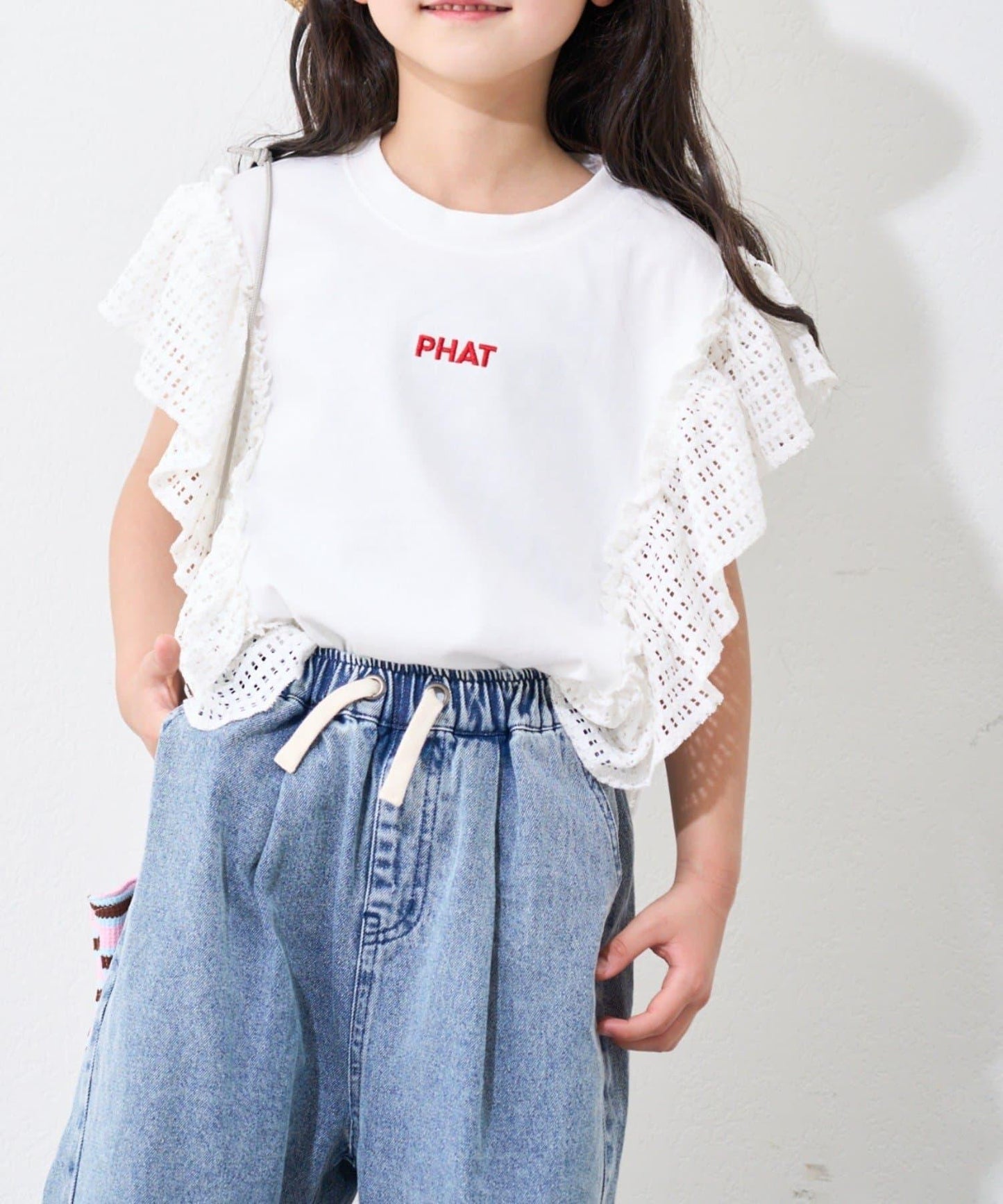 【兒童】網眼荷葉邊一點刺繡logo T恤