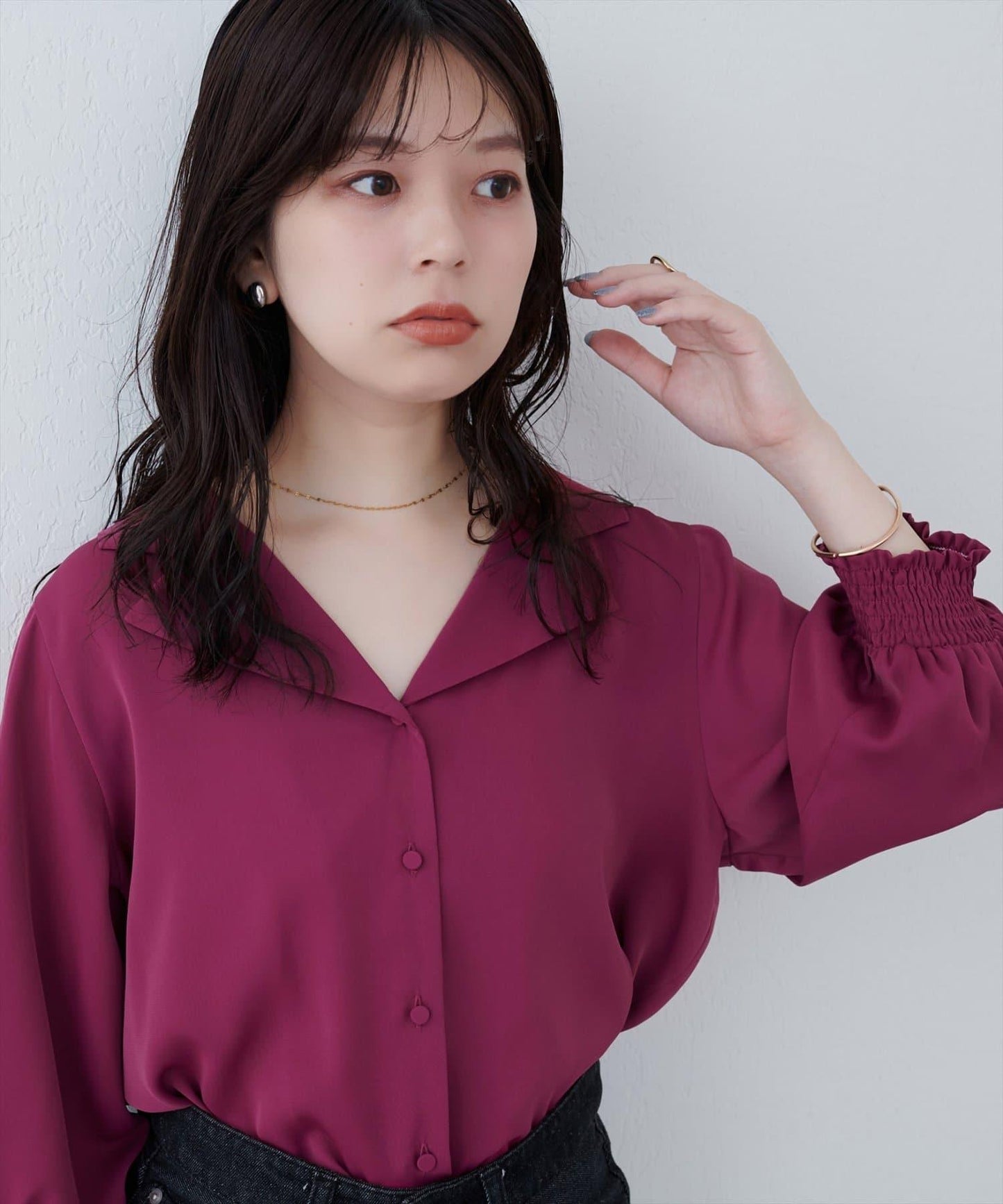 【限定】開領袖口收褶襯衫