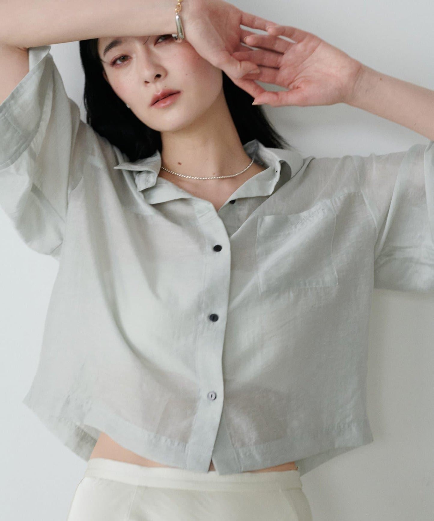 透視半袖刺繡logo襯衫