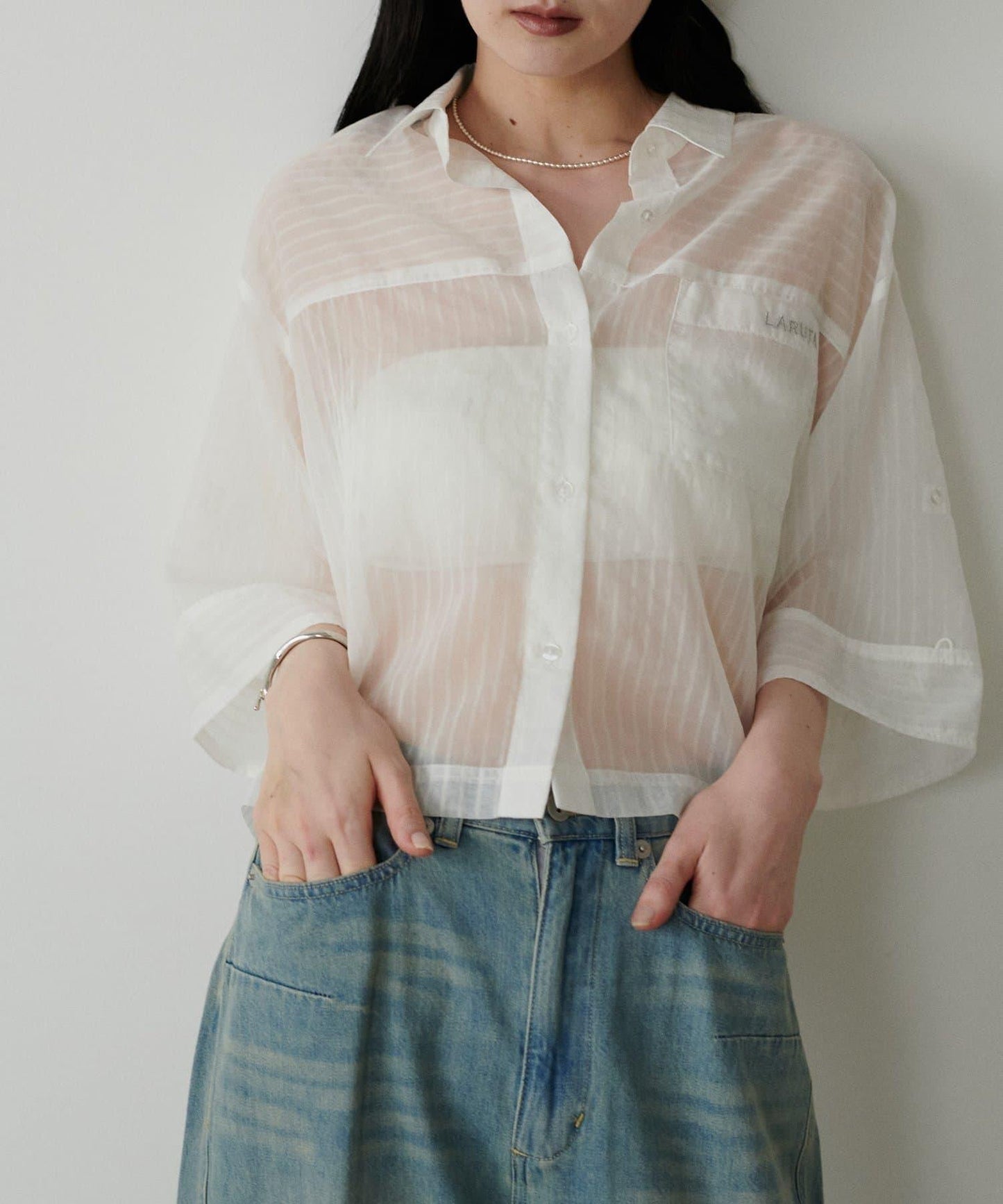 透視半袖刺繡logo襯衫