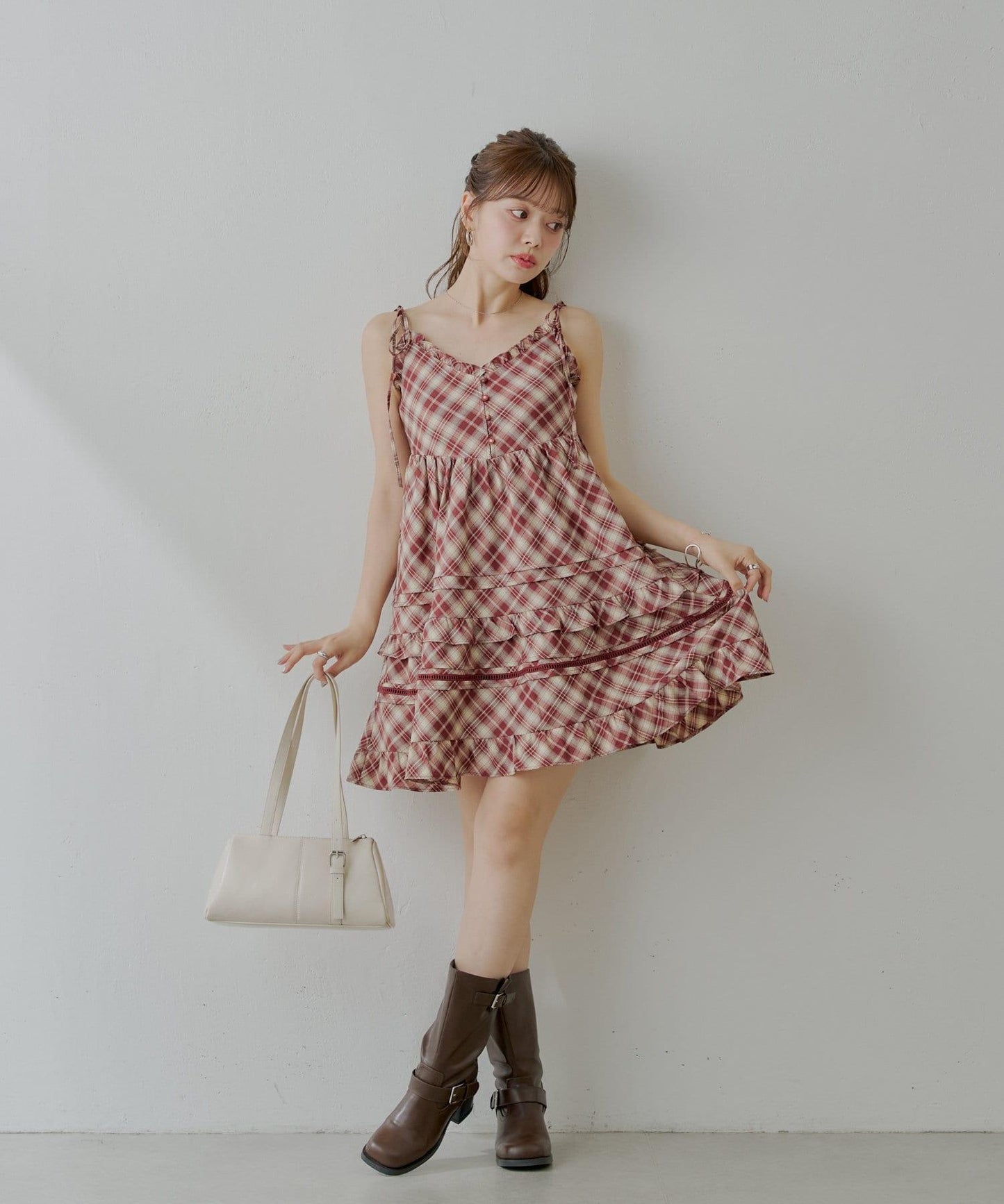 Chico 肩部蝴蝶結 棉質蕾絲荷葉邊 吊帶迷你連衣裙