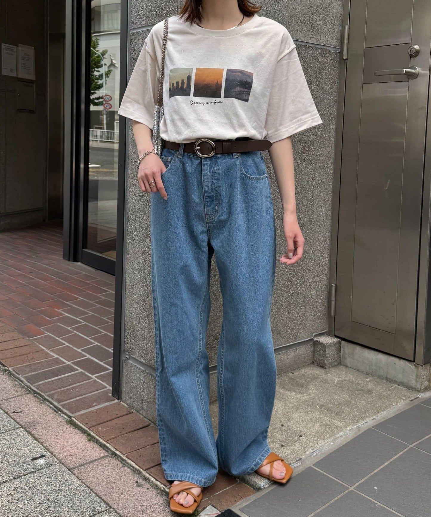 梨地花紋拼接短袖T恤
