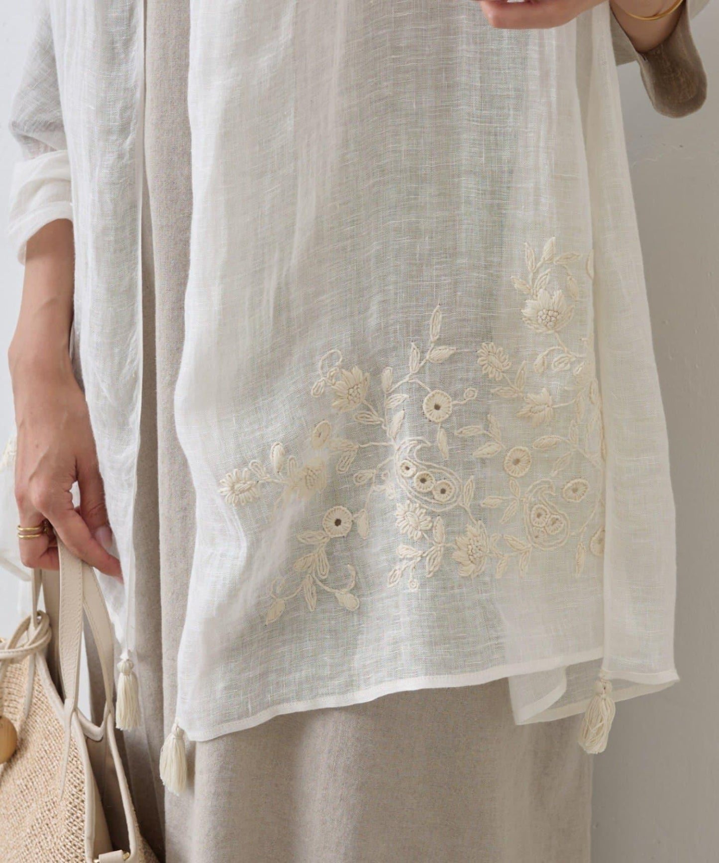 《柑橘》花朵刺繡流蘇圍巾