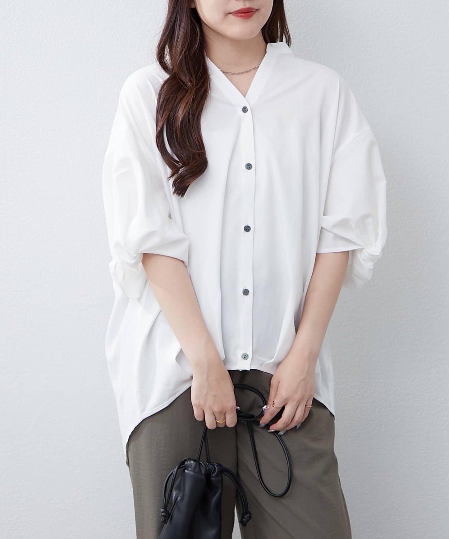 扭結袖蘑菇褶皺襯衫