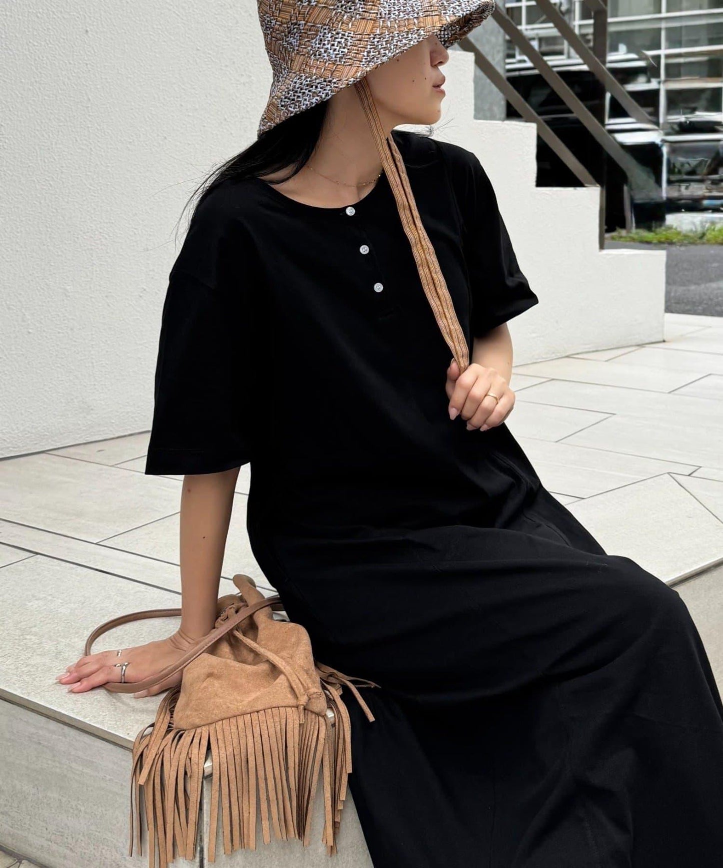 前後2way亨利領剪裁連衣裙