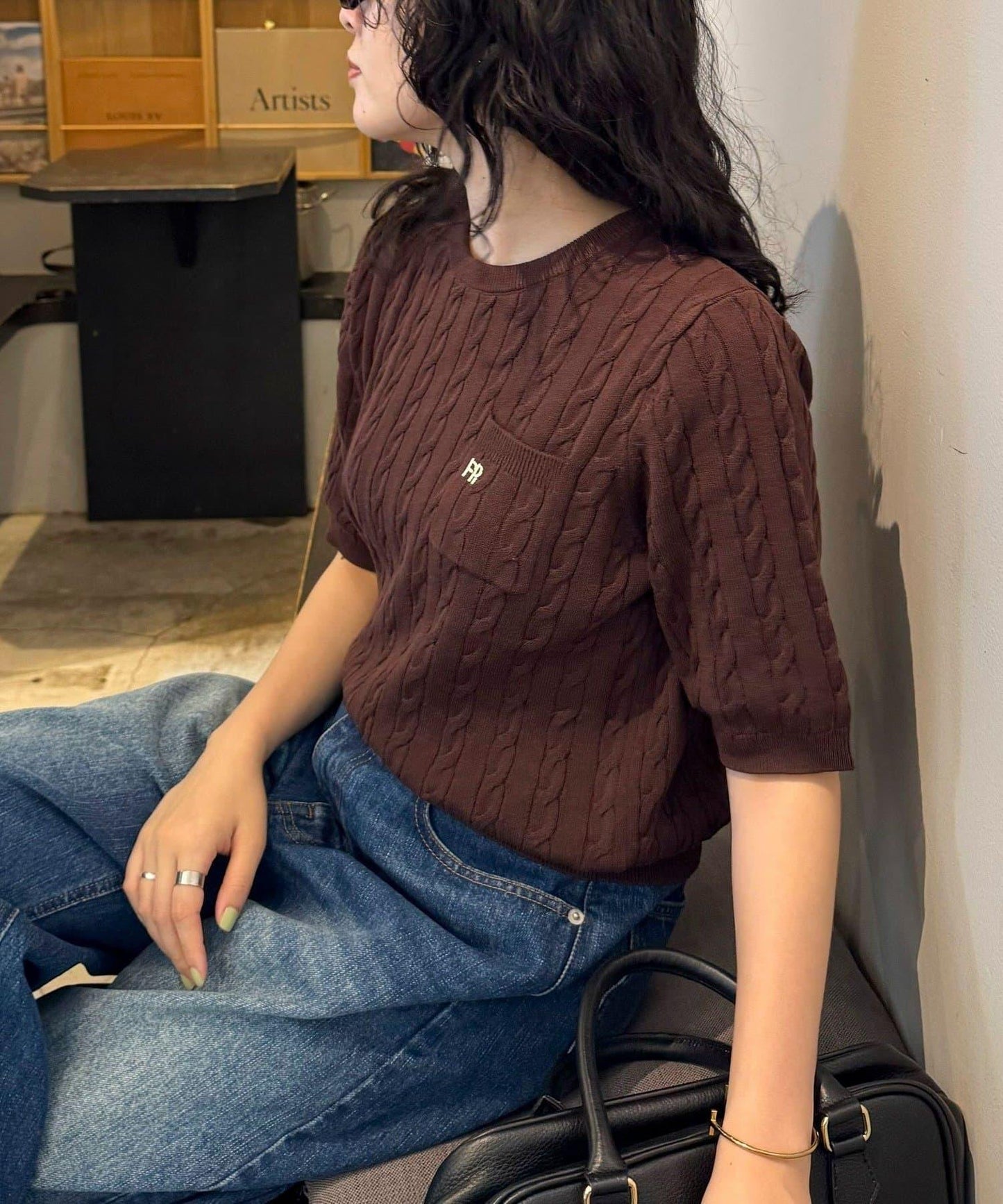 FR刺繡連帽圖案帶口袋針織套頭衫